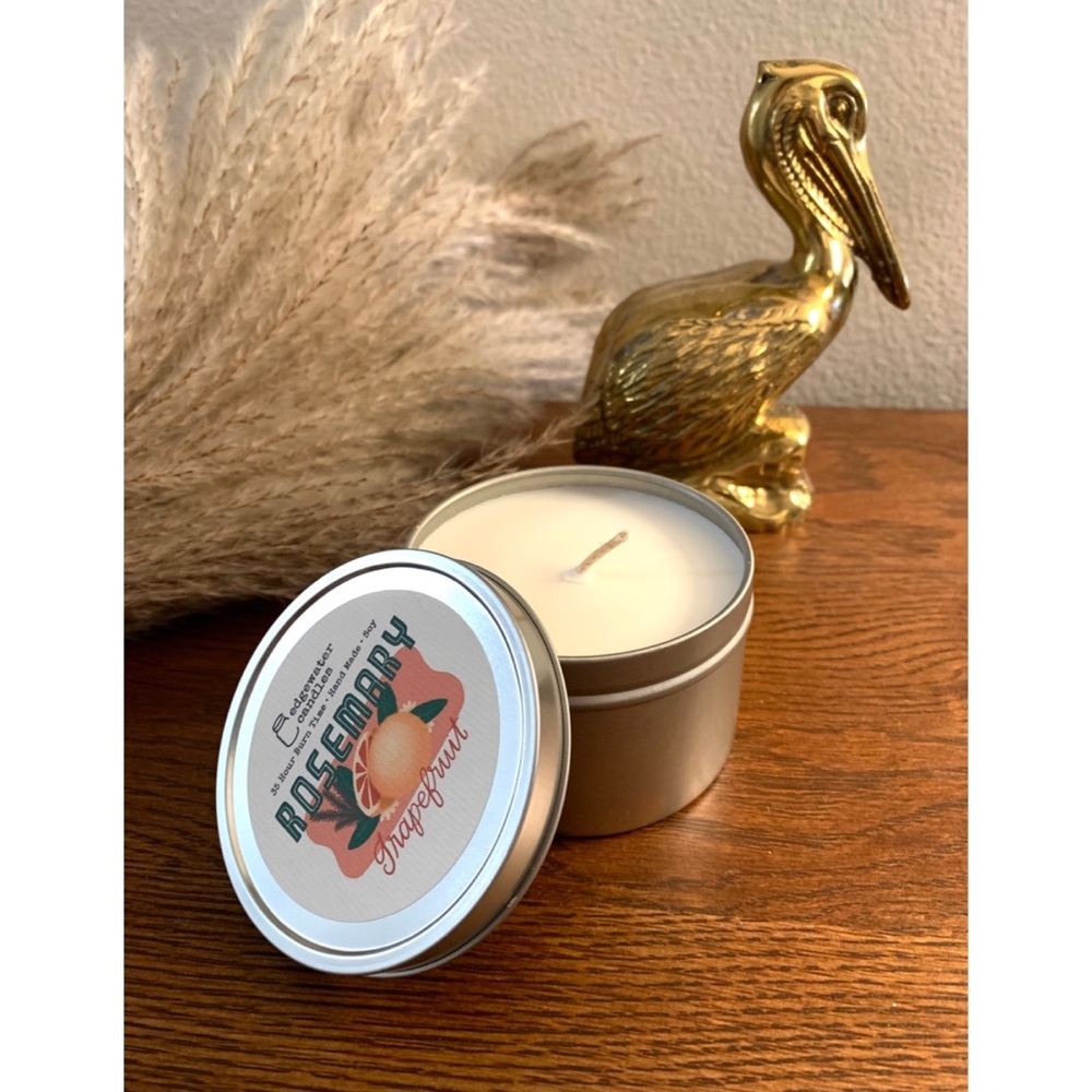 NEW Tinned Soy Candle - Rosemary Grapefruit - Edgewater Candles - 35 hour